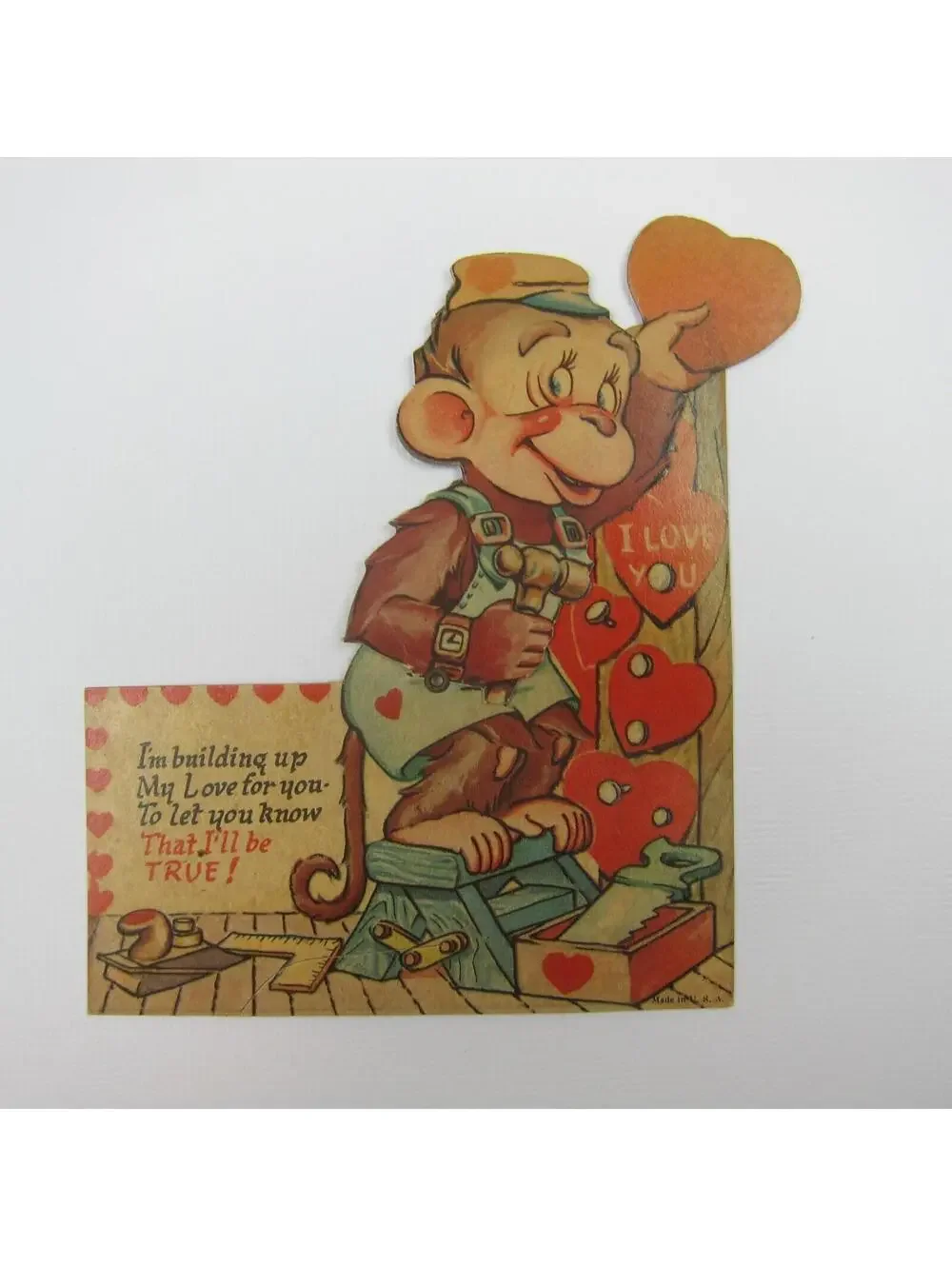 Vintage Valentine Card Mechanical Monkey Hammer Heart Building Tools 1920s-1930s